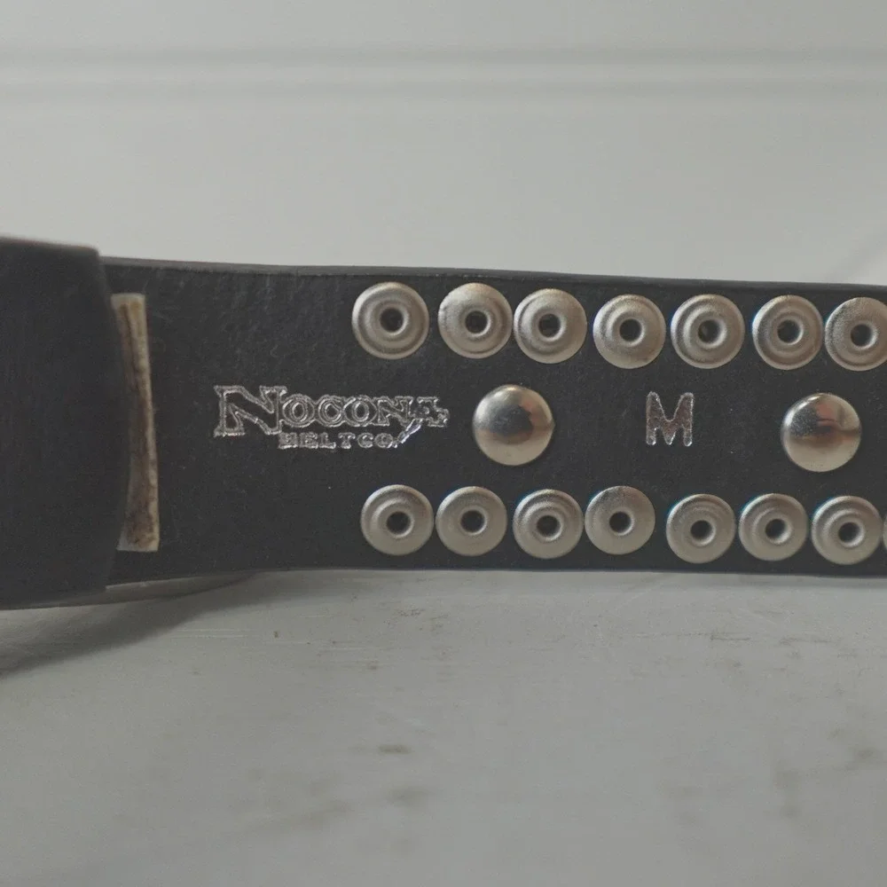 Women's Black Leather Studded Nocona Belt Medium‎ Rhinestones Silver Tone Buckle